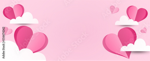 Valentine day pink background with hearts and clouds.