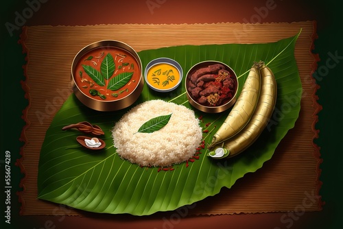 Kerala sadya traditional food served on banana leaf with rice sambar avial payasam and other dishes. Generative AI photo