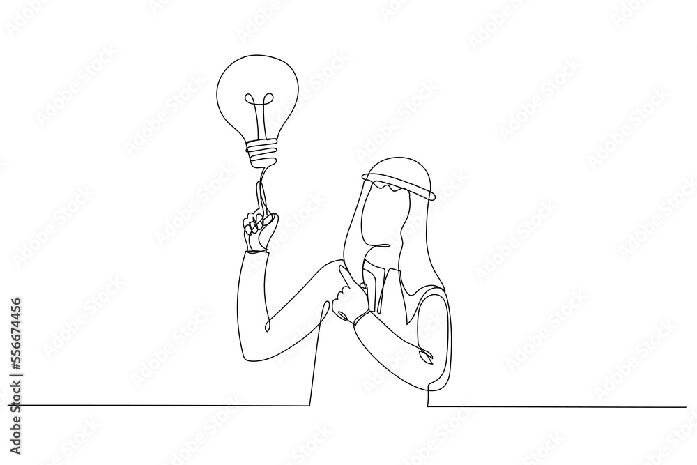 Cartoon of young arab businessman pointing with the index finger a great idea. Single line art style Cartoon of young arab businessman pointing with the index finger a great idea. Single line art style