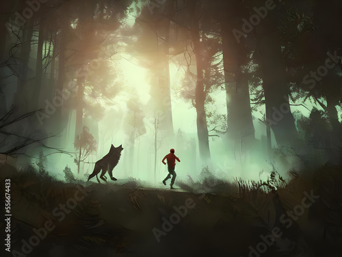the man and his legendary wolf running in the forest, illustration painting, digital art style