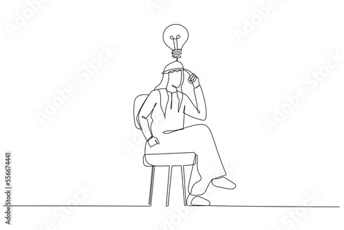 Illustration of arab businessman pointing finger to head and encouraging to think. Single continuous line art style