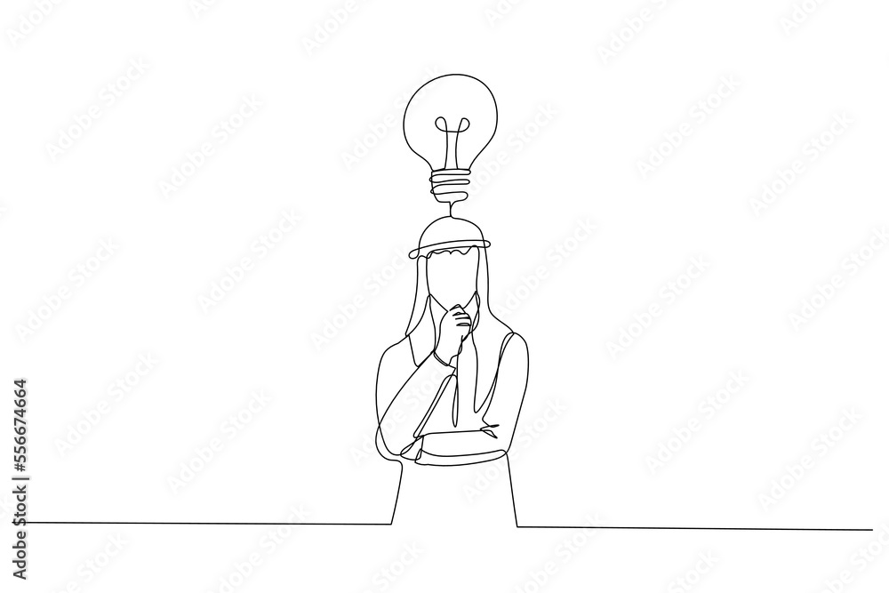 Drawing of waist up portrait arab businessman making plan hold hand on chin and looking up thoughtful. One continuous line art style Drawing of waist up portrait arab businessman making plan hold hand on chin and looking up thoughtful. One continuous line art style