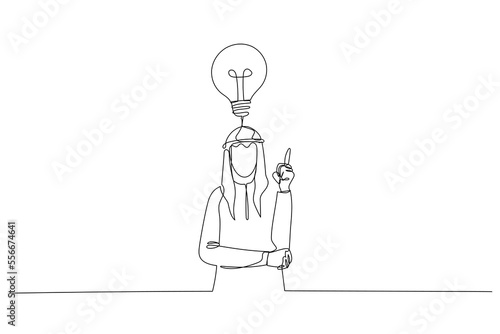 Drawing of amazed arab businessman pointing finger up expressing wow eureka. One line style art