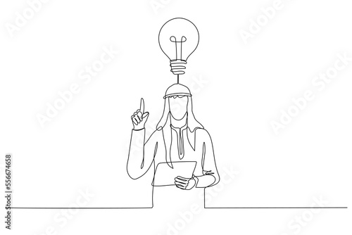 Illustration of astonish arab businessman finally found a solution how to make exercise having raised pen and notebook in hands. Continuous line art style