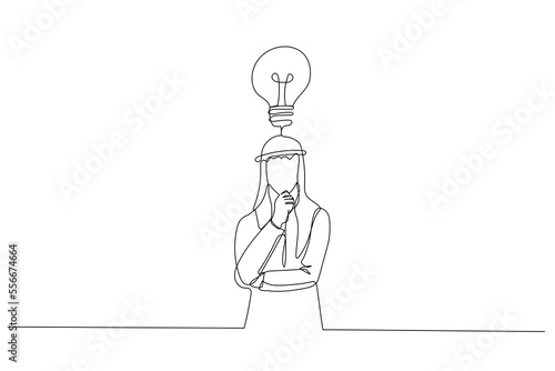 Drawing of waist up portrait arab businessman making plan hold hand on chin and looking up thoughtful. One continuous line art style