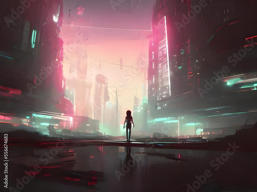 the young girl in the cyberpunk city, illustration painting, digital art style