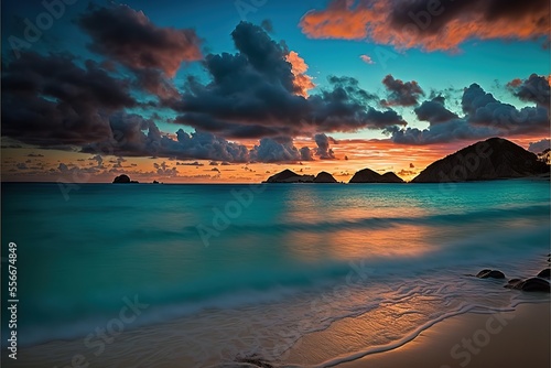 Pre-dawn view of the Moku islands at Lanikai Beach, Oahu, Hawaii stock photo Beach, Cloud - Sky, Coastline, Color Image, Dawn. Generative AI