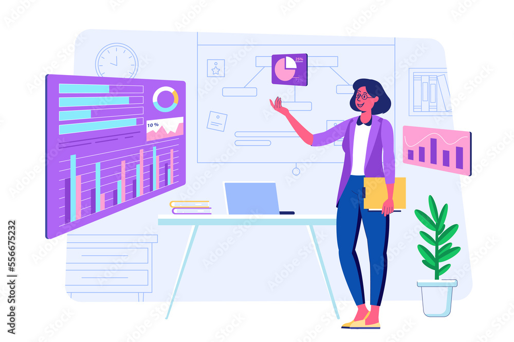 Data analysis concept with people scene for web. Woman works with data on dashboards, explores statistics on graphs and charts, makes financial reports. Illustration in flat perspective design Data analysis concept with people scene for web. Woman works with data on dashboards, explores statistics on graphs and charts, makes financial reports. Illustration in flat perspective design