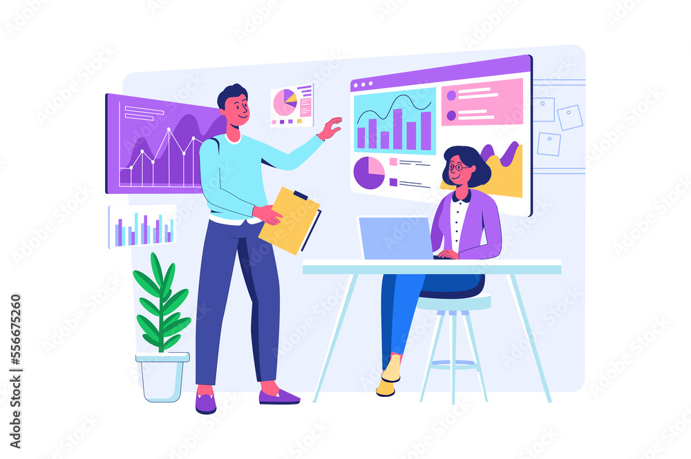 Data science concept with people scene for web. Woman ad man working with data on dashboards, explores statistics on graphs and charts and making report. Illustration in flat perspective design Data science concept with people scene for web. Woman ad man working with data on dashboards, explores statistics on graphs and charts and making report. Illustration in flat perspective design