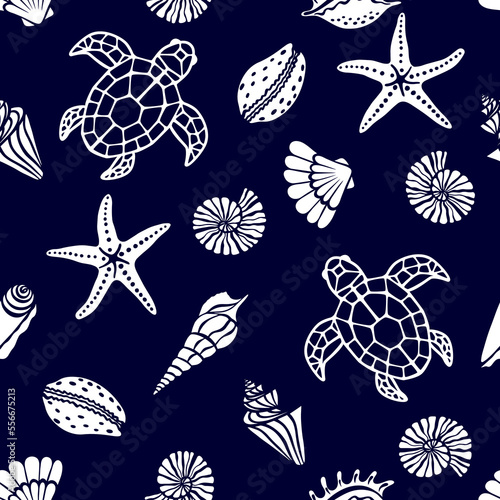 Turtles, starfish and seashells seamless pattern.