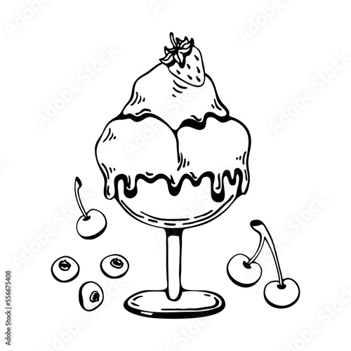 Coloring book ice cream. Cold summer dessert. Hand drawn line art illustration. Coloring page for kids and adults.
