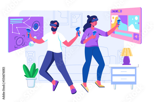 Virtual reality concept with people scene for web. Woman and man in VR glasses using controllers for creating arts or interact with data dashboards. Illustration in flat perspective design