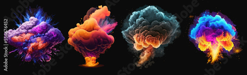 Magic explosion, game bomb boom effect with colorful clouds. Isolated smoke cumulus elements of gas explosion, doctor vapor x effect and promo flash black vector illustration set. Vector illustration