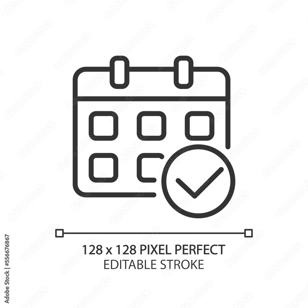 Calendar with check mark pixel perfect linear icon. Organizer management. Confirm appointment date. Thin line illustration. Contour symbol. Vector outline drawing. Editable stroke. Arial font used Calendar with check mark pixel perfect linear icon. Organizer management. Confirm appointment date. Thin line illustration. Contour symbol. Vector outline drawing. Editable stroke. Arial font used