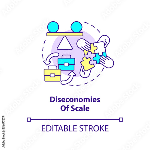 Diseconomies of scale concept icon. Disadvantage of merger abstract idea thin line illustration. Coordination difficulties. Isolated outline drawing. Editable stroke. Arial, Myriad Pro-Bold fonts used