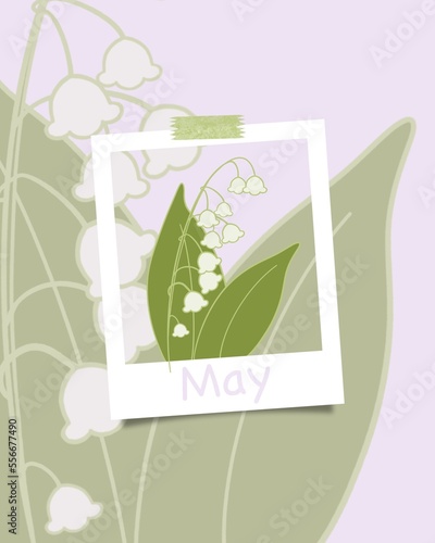 Lily of the valley. Minimalist flat floral illustration of May bells flower. May concept theme, modern muted colors. Trendy calendar, springtime season.