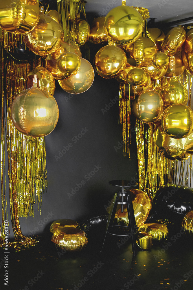 Interior with golden balls on black background Interior with golden balls on black background