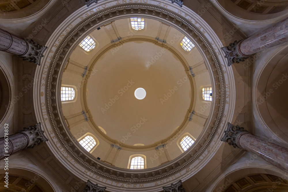 OROPA, ITALY, OCTOBER 30, 2022 - View from the inner of the dome of Oropa Sanctuary, marian sanctuary dedicated to the Black Madonna, Biella province, Piedmont, Italy