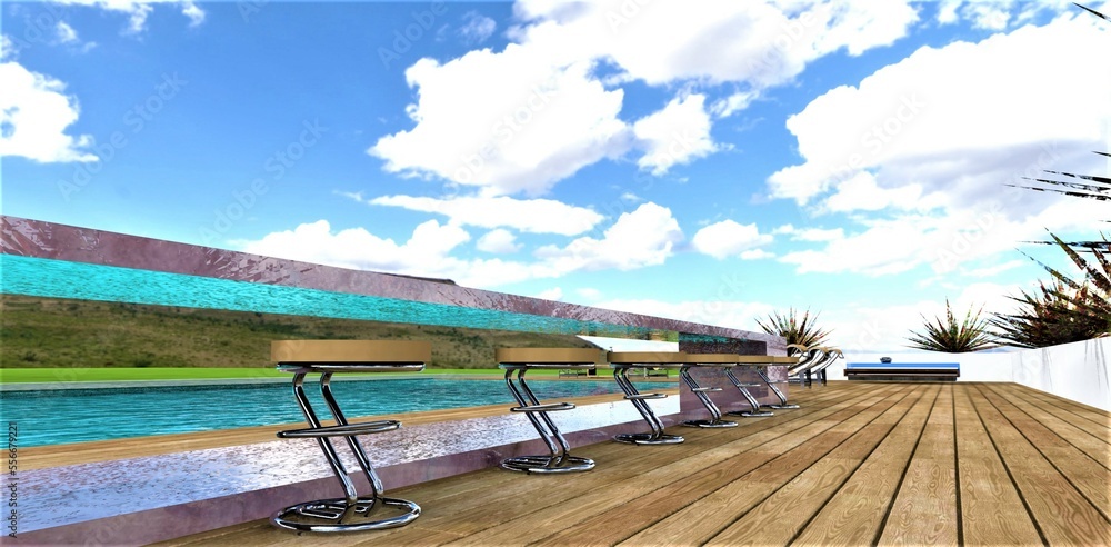 Stylish flooring from a terraced long parquet near the pool. Bar stools near the marble table. Amazing cloudy sky and mountains. 3d rendering.