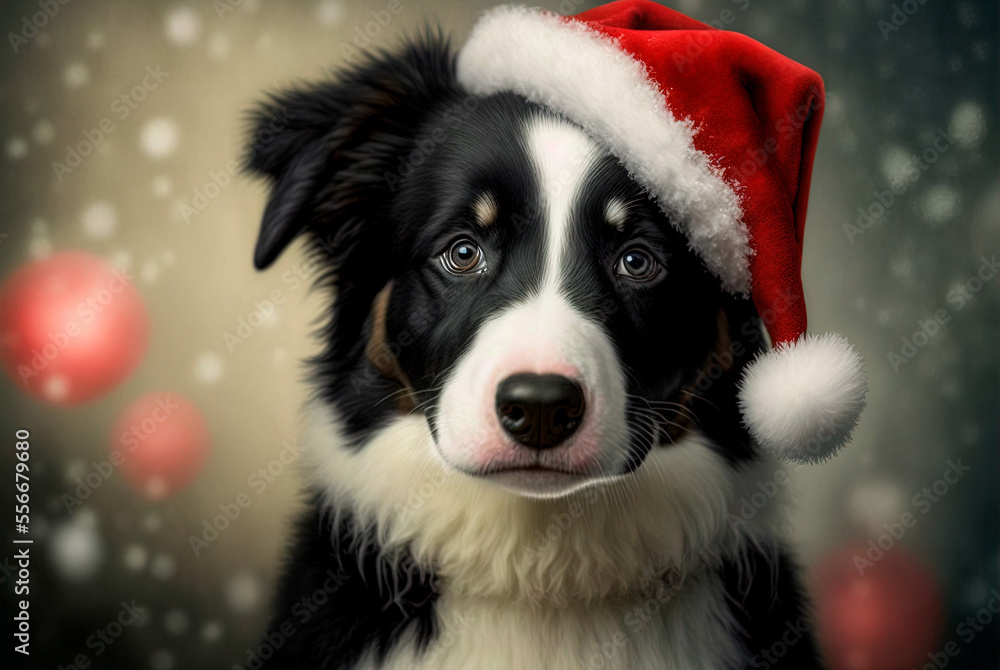 cute border collie wearing a christmas red hat, generative ai