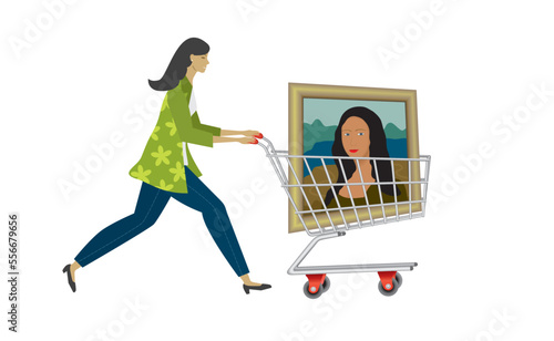 Woman running with shopping cart with art. Isolated on white. Vector illustration.