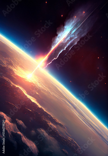 Asteroid Impact On Earth. Meteor In Collision illustration, generative ai