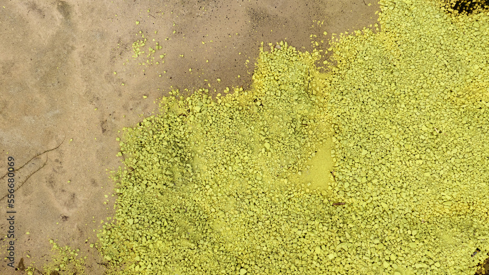 Chemical toxic waste from factory industry. Yellow sulphur powder