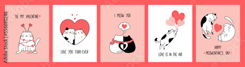Hand drawn collection romantic greeting cards and posters with funny cute cats for Valentine's Day