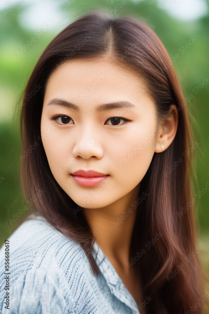 Beautiful asian young woman looking at camera portrait, nice and empathetic. Generative AI Beautiful asian young woman looking at camera portrait, nice and empathetic. Generative AI