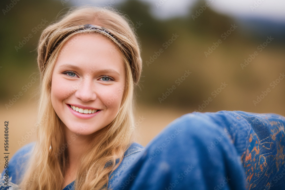 Hippie woodstock style woman portrait smiling looking at camera beautiful caucasian blond nature green and field defocused background. Generative AI model