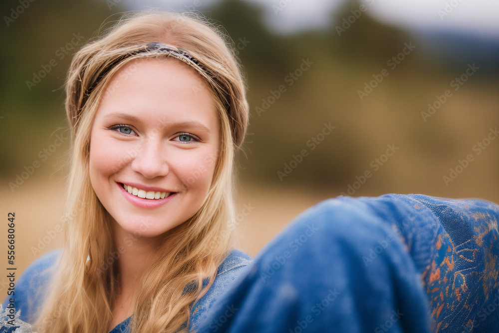 Hippie woodstock style woman portrait smiling looking at camera beautiful caucasian blond nature green and field defocused background. Generative AI model Hippie woodstock style woman portrait smiling looking at camera beautiful caucasian blond nature green and field defocused background. Generative AI model