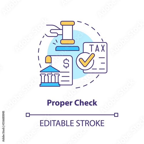Proper check concept icon. Stage for successful acquisition abstract idea thin line illustration. Legal judgments. Isolated outline drawing. Editable stroke. Arial, Myriad Pro-Bold fonts used