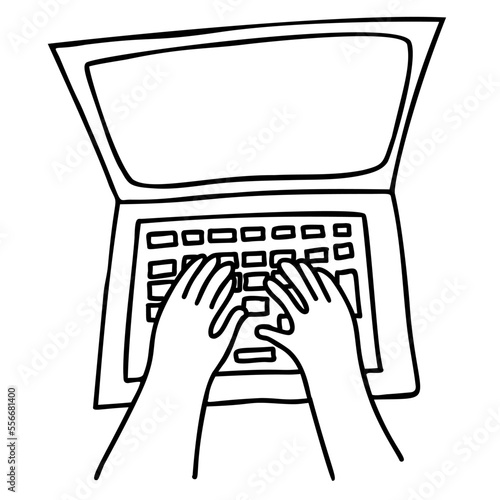 Hands typing on laptop keyboard. Vector illustration in doodle style.