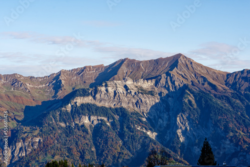 Scenic view from top of Axalp over Bernese Oberland with beautiful mountain panorama of the Swiss Alps on a sunny autumn day. Photo taken October 18th, 2022, Axalp, Switzerland. 