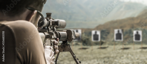 Canvastavla Military soldier sniper shooter aim assault rifle weapon at outdoor academy shoo