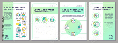 Lawyer role in company acquisitions green gradient brochure template. Leaflet design with linear icons. 4 vector layouts for presentation, annual reports. Arial, Myriad Pro-Regular fonts used
