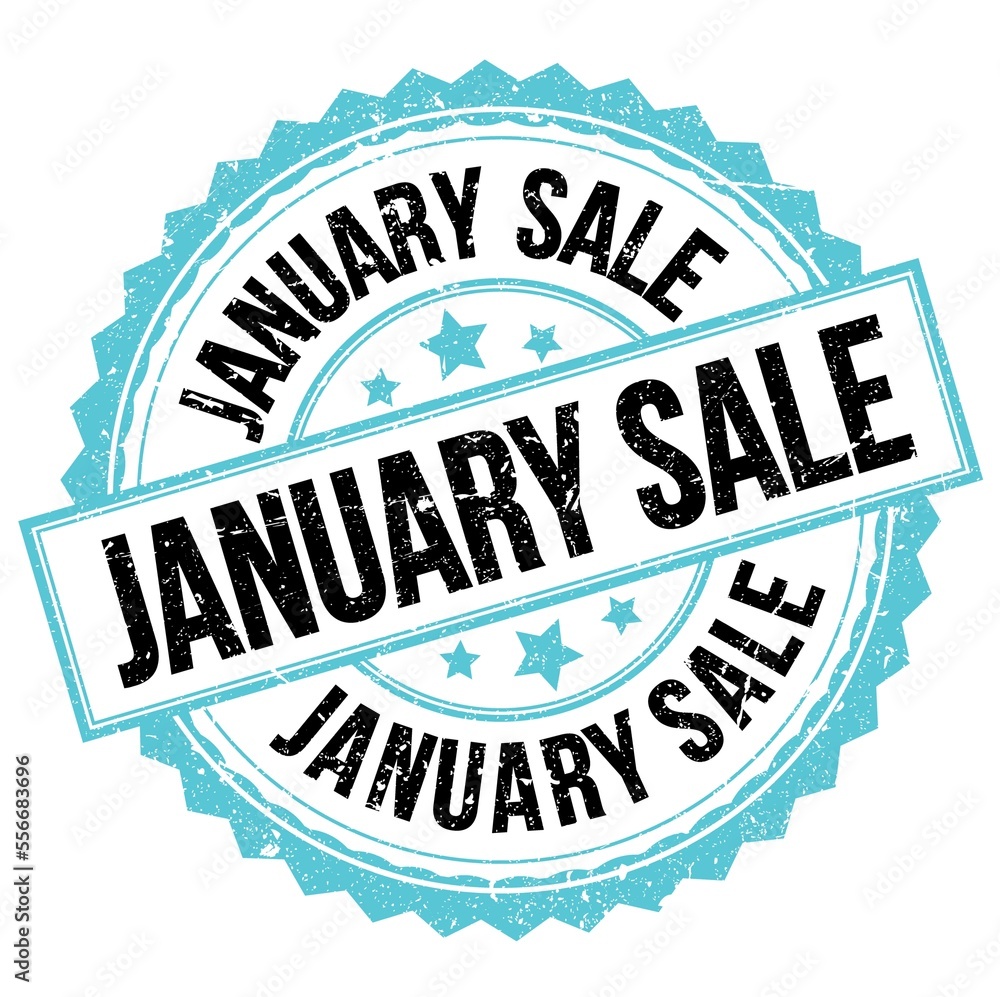 JANUARY SALE text on blue-black round stamp sign JANUARY SALE text on blue-black round stamp sign