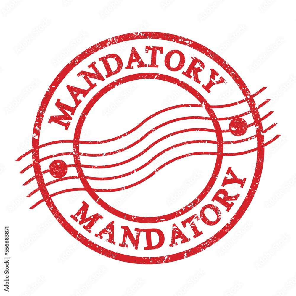MANDATORY, text written on red postal stamp. MANDATORY, text written on red postal stamp.