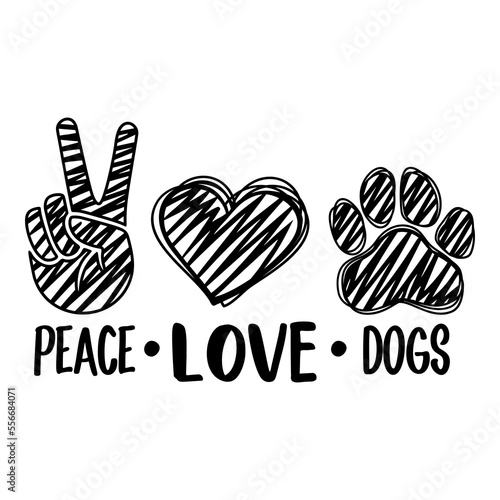 Peace love Dogs with paw print in scetch style. Dogs theme positive design for dog lovers. Animal rescue and care motivational message.