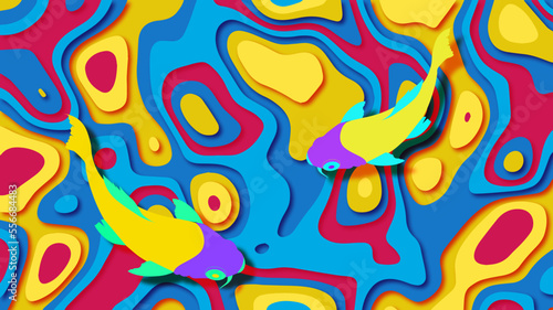 The seabed with fish drawn using the cut-out paper effect.