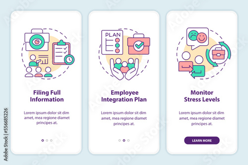 Preventing mass exodus during mergers onboarding mobile app screen. Walkthrough 3 steps editable graphic instructions with linear concepts. UI, UX, GUI template. Myriad Pro-Bold, Regular fonts used