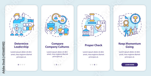 Stages of successful merger onboarding mobile app screen. Leadership walkthrough 4 steps editable graphic instructions with linear concepts. UI, UX, GUI template. Myriad Pro-Bold, Regular fonts used