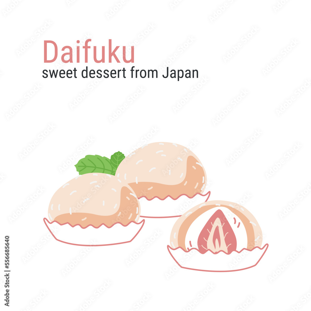Daifuku sweet dessert from Japan on a white background. Asian food. Vector illustration on a white background for restaurants, menus, decor Daifuku sweet dessert from Japan on a white background. Asian food. Vector illustration on a white background for restaurants, menus, decor