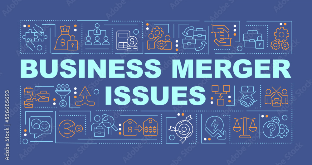 Challenges in merger and acquisition word concepts dark blue banner. Infographics with editable icons on color background. Isolated typography. Vector illustration with text. Arial-Black font used Challenges in merger and acquisition word concepts dark blue banner. Infographics with editable icons on color background. Isolated typography. Vector illustration with text. Arial-Black font used