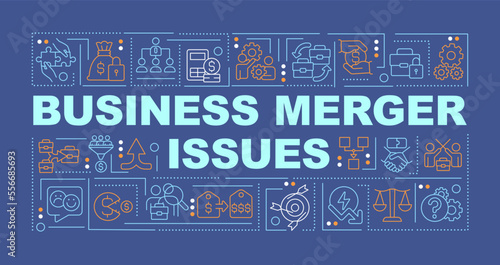 Challenges in merger and acquisition word concepts dark blue banner. Infographics with editable icons on color background. Isolated typography. Vector illustration with text. Arial-Black font used