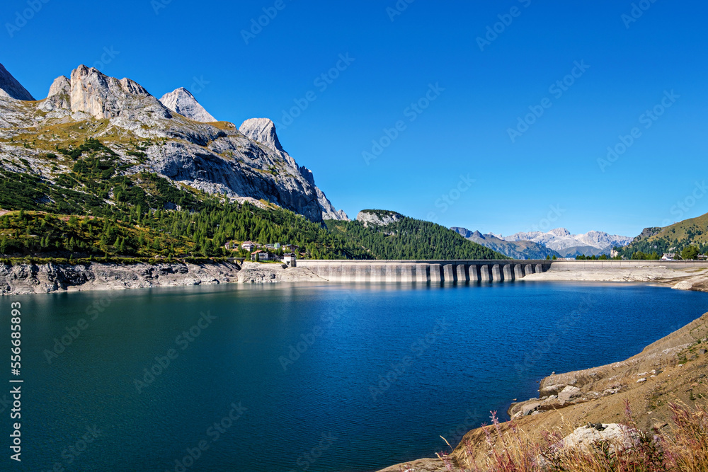 Great view of a reservoir in the Dolomites mountains