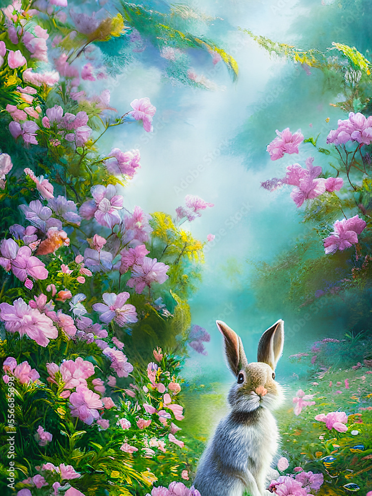 Fototapeta premium Artistic cartoon painting of fantasy rabbit in the garden, wallpaper