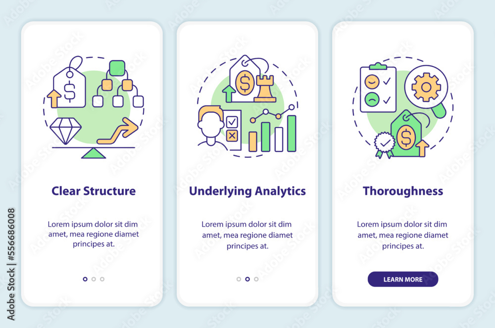 Price testing key factors onboarding mobile app screen. Walkthrough 3 steps editable graphic instructions with linear concepts. UI, UX, GUI template. Myriad Pro-Bold, Regular fonts used Price testing key factors onboarding mobile app screen. Walkthrough 3 steps editable graphic instructions with linear concepts. UI, UX, GUI template. Myriad Pro-Bold, Regular fonts used