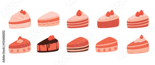 set of strawberry mix cake illustrations with strawberry topping and whip cream