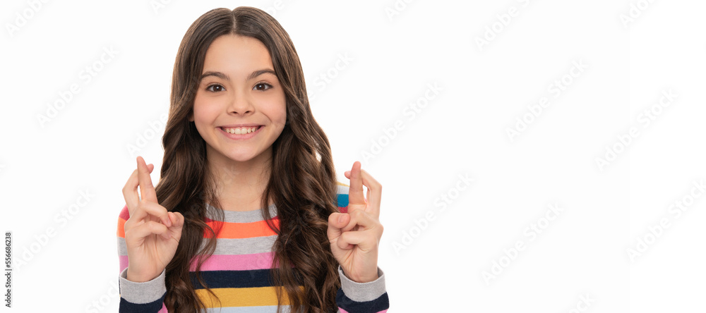 I hope my wish will come true. Happy child smile keeping fingers crossed. Wish for luck. Child face, horizontal poster, teenager girl isolated portrait, banner with copy space. I hope my wish will come true. Happy child smile keeping fingers crossed. Wish for luck. Child face, horizontal poster, teenager girl isolated portrait, banner with copy space.